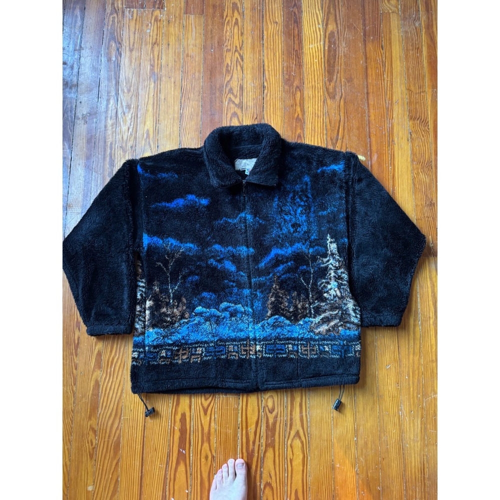 Vintage Wolf Graphic Fleece Jacket Black Blue Full Zip Made in USA Mens Medium